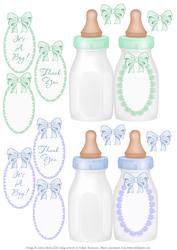 Mini Baby Bottle - Folded Cards - Green and Blue