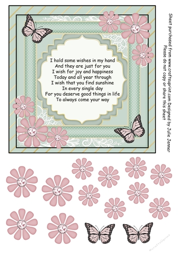 Pale green 7 x 7 birthday verse with dusky pink flowers A4 sheet