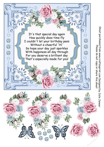 Blue floral frame with birthday verse and optional butterflies