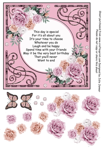 Pink floral frame 7 x 7 card A4 sheet with optional butterflies