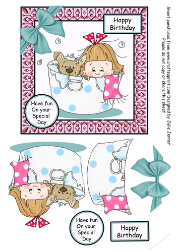 Sally and Bella in the bath tub A4 sheet to make 6 x 6 inch card with decoupage