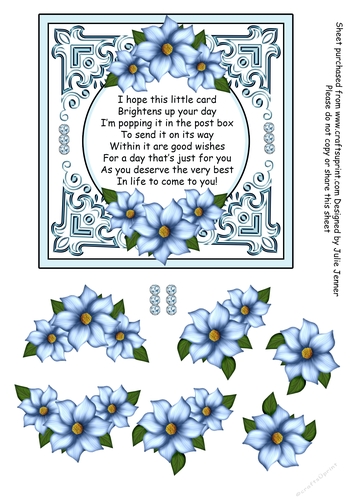 Blue Flower Frame A4 sheet for 6 x 6 inch card with floral decoupage