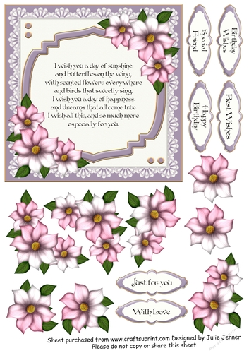 Lilac Floral Frame with verse A4 sheet to make a 6 x 6 card