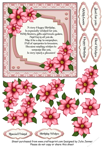 Pink Floral Frame with verse A4 sheet to make a 6 x 6 card