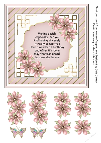 Pink and gold floral frame 7 x 7 card with decoupage and optional butterflies