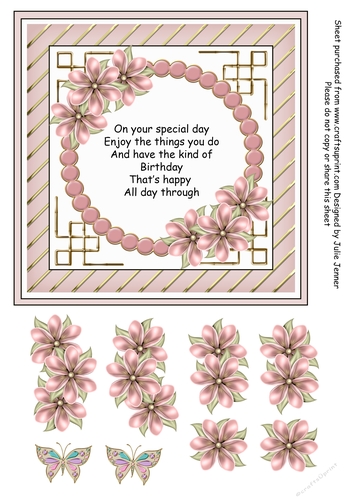 Pink and gold circle floral frame with verse, floral decoupage & optional butterflies