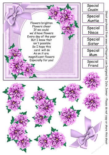 Lilac Dahlia card A4 sheet with decoupage and female sentiments