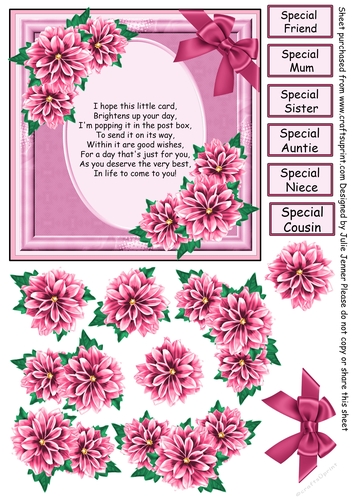 Pink Dahlia card A4 sheet with decoupage and female sentiments