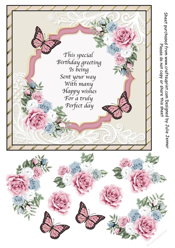 Gold and cream floral pink frame A4 sheet for 7 x 7 card with floral decoupage 