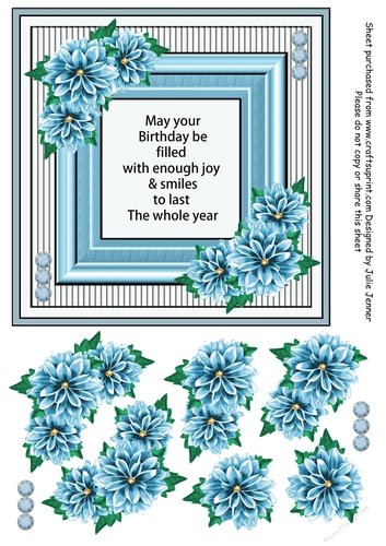 Blue Dahlia frame with verse and floral decoupage 7 x 7 card