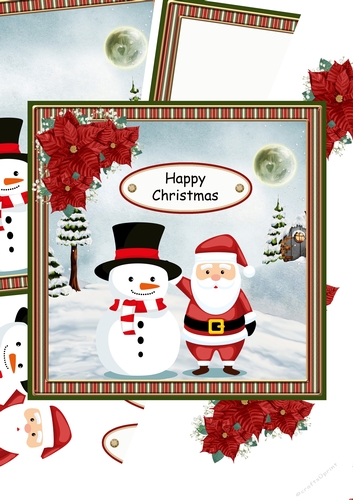 Santa and snowman green stripe frame card with optional poinsettia decoupage