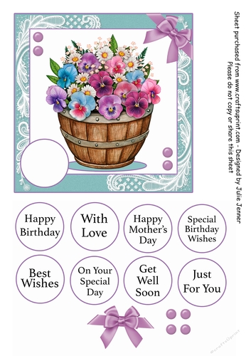 Bucket of flowers Teal and purple A4 sheet