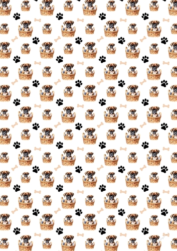 Boxer Dog in Basket with Bones and Paw Prints A4 sheet