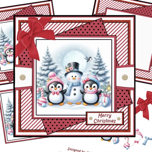 Playful Penguins Red 4 decoupage card kit