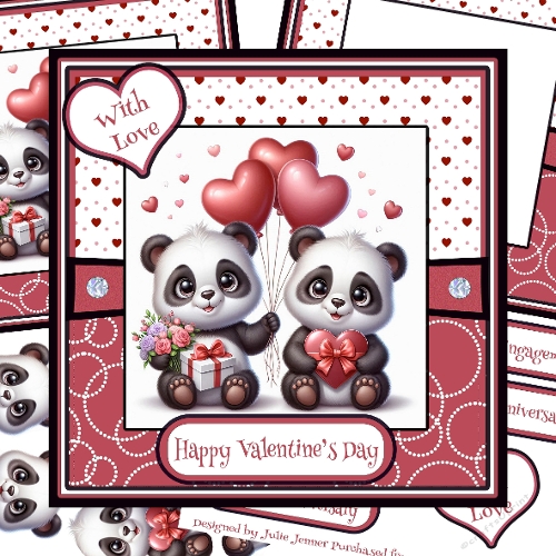 Panda Love 3 Decoupage Card Kit For Anniversary, Engagement, Valentines Day