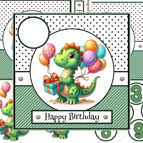 Dinosaur With Balloons Birthday Card With Ages