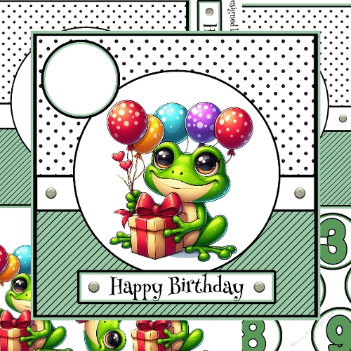  Frog With Balloons Birthday Card With Ages