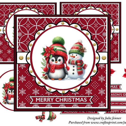 Penguin with snowman christmas decoupage card