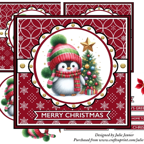 Penguin with tree christmas decoupage card