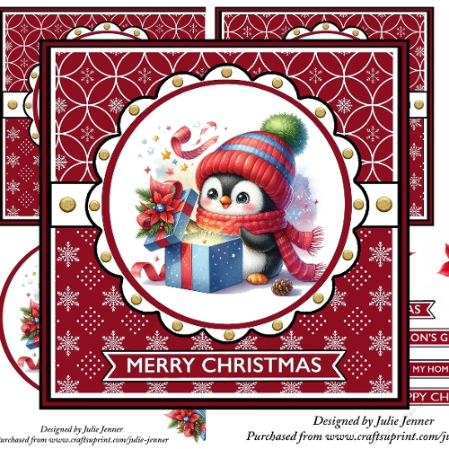 Penguin with blue present christmas decoupage card