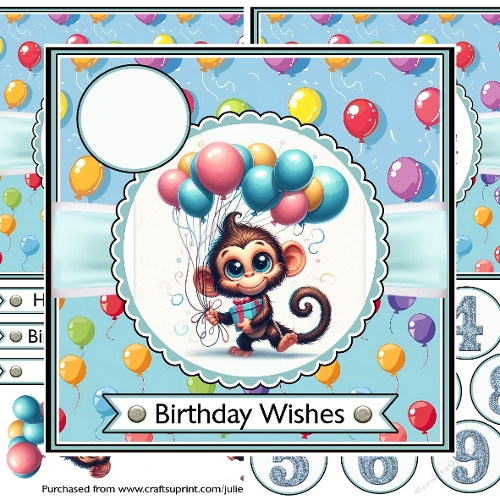 Monkey with balloons decoupage card with ages 1-9