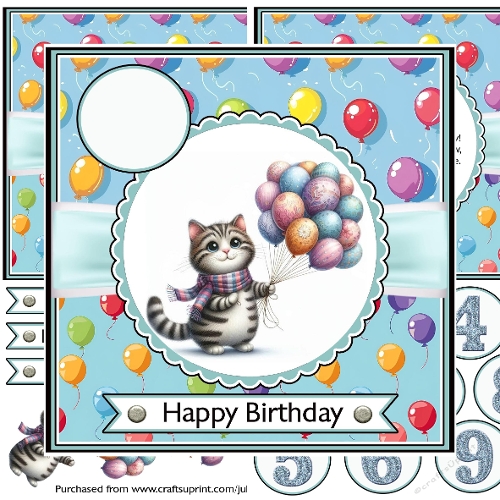 Tabby Cat with balloons decoupage card with ages 1-9