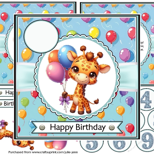 Giraffe with balloons decoupage card with ages 1-9