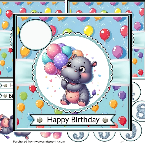 Hippo with balloons decoupage card with ages 1-9