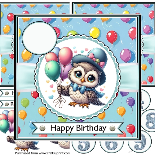 Owl with balloons decoupage card with ages 1-9