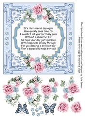 Blue floral frame with birthday verse and optional butterflies
