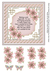 Pink and gold floral frame 7 x 7 card with decoupage and optional butterflies