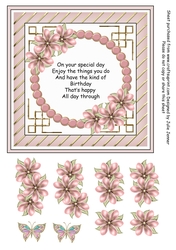 Pink and gold circle floral frame with verse, floral decoupage & optional butterflies