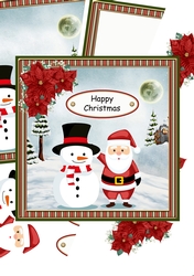 Santa and snowman green stripe frame card with optional poinsettia decoupage