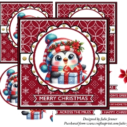 Penguin with blue present with red bow decoupage christmas card
