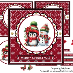 Penguin with snowman christmas decoupage card