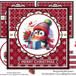 Penguin with blue present christmas decoupage card