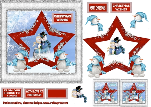 Christmas star and snowmen red  7 x 7inches
