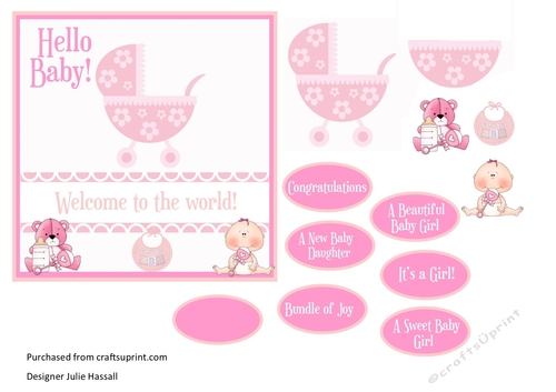 New baby girl card with pram, teddy, baby and bib. Choice of sentiments