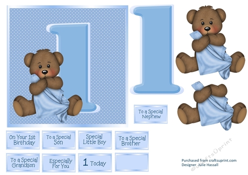 1st Birthday card front with baby bear & blanket. Decoupage & choice of sentiments