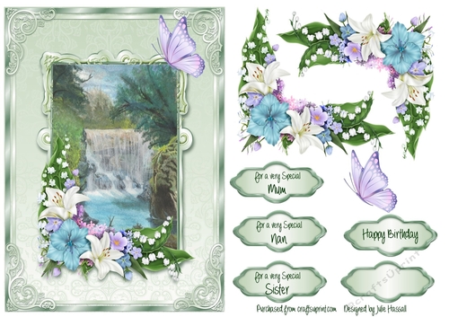 Waterfall scene with flowers & butterfly