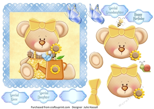 Gardening teddy with butterfly, bee and snail