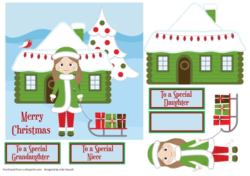 Christmas card front with winter cottage, tree, girl & sled with christmas gifts