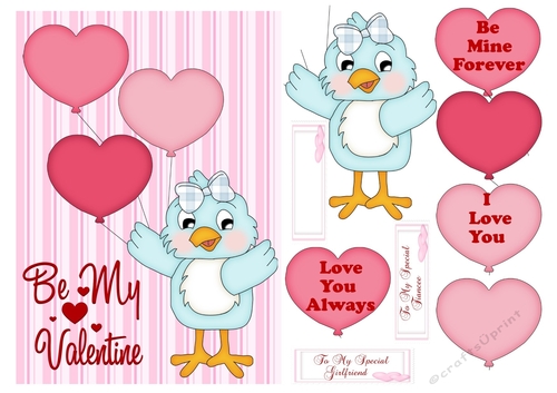 Valentines card with cute bird & hearts