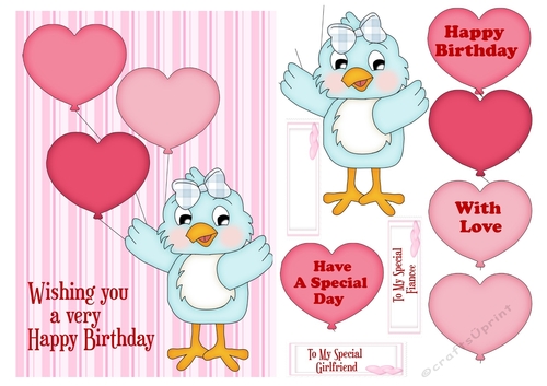 Birthday Card with bird and heart balloons