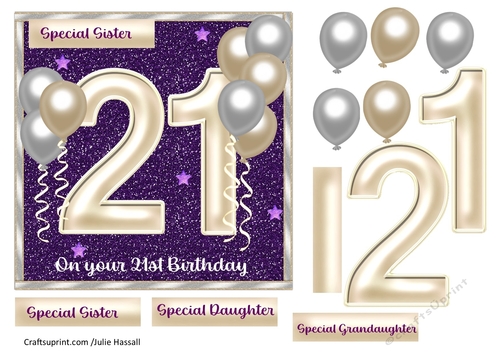 21st birthday card with large numerals & balloons