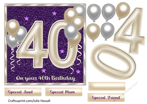 40th birthday card front with large numerals and balloons