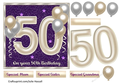 50th birthday card front with large numerals and balloons