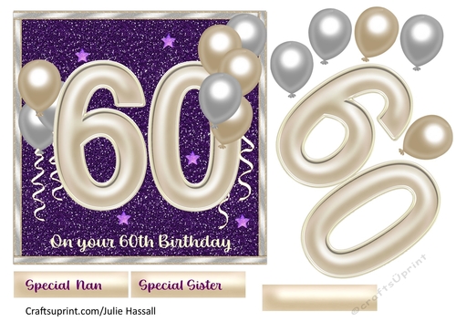 60th birthday card front with large numerals and balloons