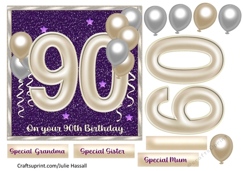 90th birthday card with large numerals & balloons