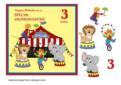 Circus Birthday Card for Grandaughter Age 3